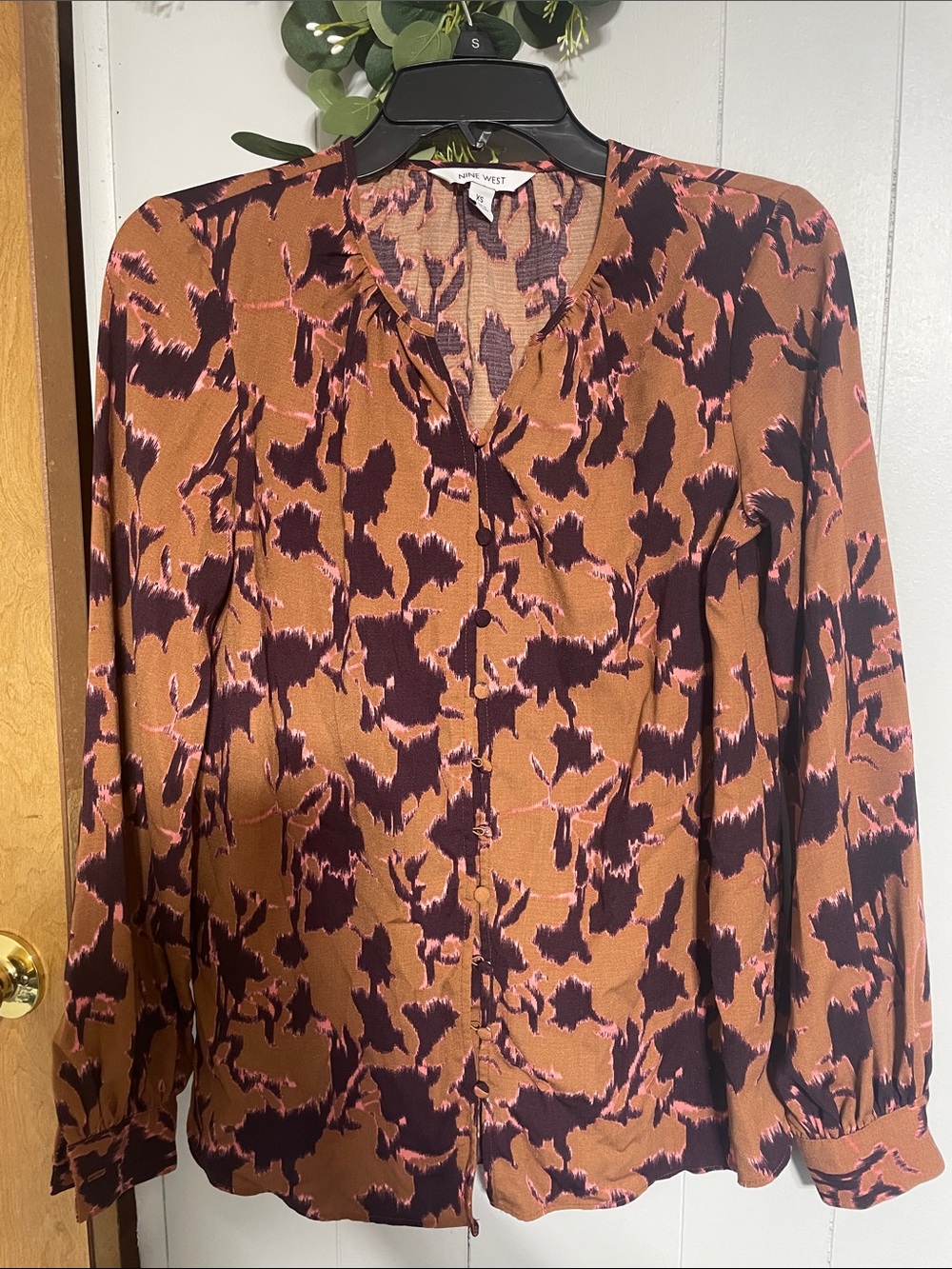 Nine West Rust and Plum Abstract Print Button-Front Blouse